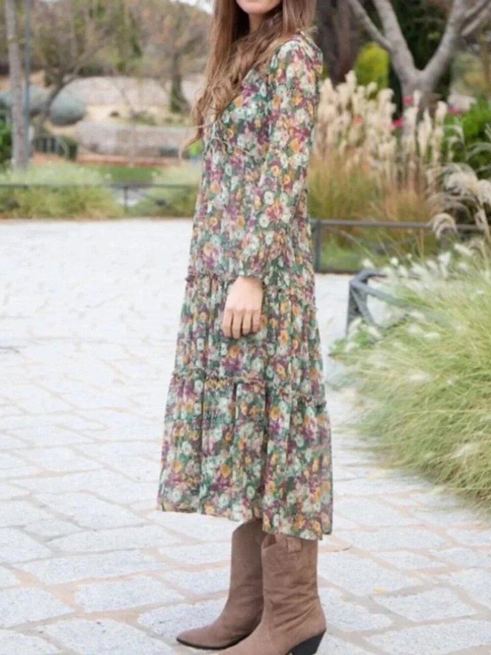 Zara Boho Floral Dress Midi Long Sleeve Buttons Front Size L NWT